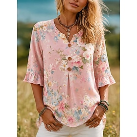 Women's Blouse Floral Graphic Elegant Bohemia Active 3/4 Length Sleeve V Neck Regular Tops Casual Blue Pink Purple Summer Spring Fall Winter