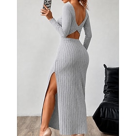 Women's Maxi long Dress Knit Dress Bodycon Elegant Vacation Daily Vacation Regular Fit Plain Long Sleeve Square Neck Grey Fall Winter