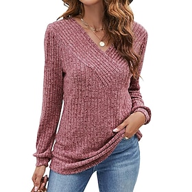 Women's T Shirt Texture Plain Stylish Casual Long Sleeve V Neck Regular Tops Casual Daily Blue Black Pink Light Grey Summer Spring Fall