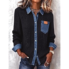 Women's Shirt Denim Blouse Denim Shirt Buttons Solid Color Vintage Stylish Basic Long Sleeve Shirt Collar Long Tops Casual Daily Black Spring Fall Winter