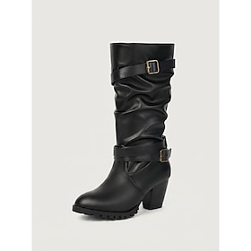 Women's Leather Mid Calf Boots with Buckle Strap Detail, Black Chunky Heel Riding Boots for Women, Vintage Western Style Ruched Boots for Fall Winter, Casual,