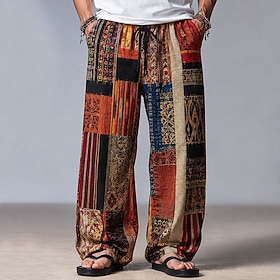 Men's Geometric Patchwork Bohemian Trousers Casual Pants Pants Trousers Mid Waist Ethnic Vintage Retro Home Outdoor Vacation Drawstring Elastic Waist Wide Leg