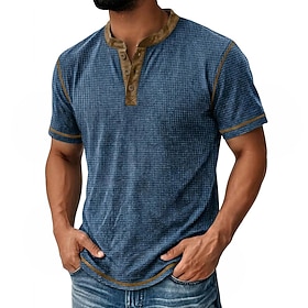 Men's Waffle Henley Shirt Tee Short Sleeve Henley Summer Spring All Seasons Solid Color Fashion Designer Comfortable Patchwork Color Block Buttons Casual Daily