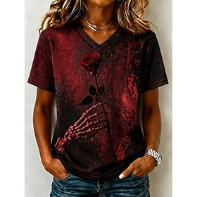 Halloween Women's T Shirt Print Graphic Pumpkin Abstract Vintage Stylish Classic Short Sleeve V Neck Regular Tops Casual Daily Weekend Wine Summer Spring Fall