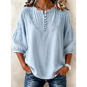 Women's Shirt 100% Cotton Boho Shirt Embroidered Elegant Bohemia Vacation Regular Tops Casual Daily Holiday Blue Summer Spring