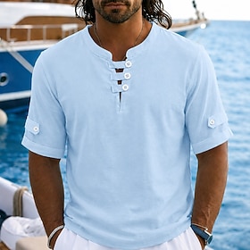 Men's Linen Shirt Polo Shirts Casual Vacation Collarless Short Sleeve Vacation Modern Plain Color Block Buttons Summer Spring Blue White Yellow Linen Shirt