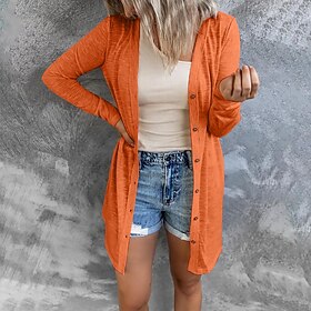 Women's Casual Jacket Cardigan Lightweight Buttons Classic Modern Plain Casual Home Work Regular Collarless Loose Fit Long Sleeve Outerwear White Orange-red Bl