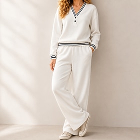 Women's Two Piece Sets Tracksuit Long Sleeve V Neck Patchwork Elegant Casual Daily White Khaki Black Fall Loose Fit