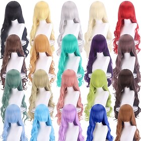 80cm Long Wavy Wig with Full Bangs for Women, Multicolor Synthetic Anime Cosplay Halloween Party Wig