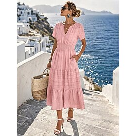 Women's Midi Dress 100% Cotton A Line Dress Ruffle Dress Elegant Daily Vacation Loose Fit Pure Color Short Sleeve V Neck White Black Pink Dark Blue Summer Spri