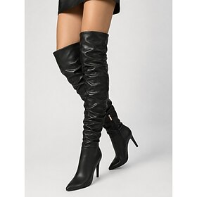 Women's Black Faux Leather Thigh High Boots, Over-the-Knee Slouch Boots with Ruched Shaft, Pointed Toe, Stiletto Heel and Side Zipper for Fashion-Forward Women