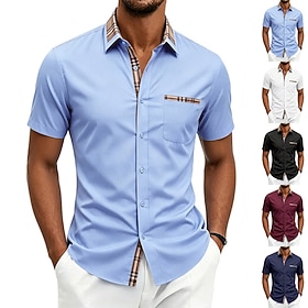 Men's Shirt Dress Shirt Button Down Shirt Non Iron Shirt Plaid Daily Outdoor White Light Blue Black Wine Short Sleeve Turndown Summer Spring Clothing Apparel P