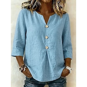 Women's Linen-feel Shirts Ruched Patchwork Buttons Solid Color Vintage 3/4 Length Sleeve V Neck Long Tops Casual White Black Pink Navy Blue Sky Blue Fall Winte