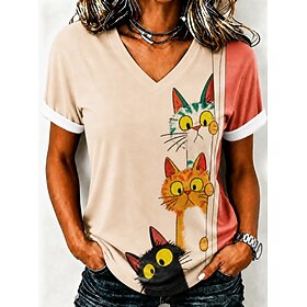 Women's T Shirt Print Graphic Animal Cat Stylish Classic Casual Short Sleeve V Neck Long Tops Casual Daily Blue Light Beige Black Yellow Summer Spring