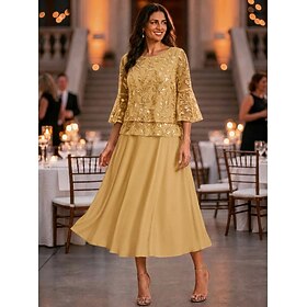 A-Line Ankle Length Mother of the Bride Dress 3/4 Length Sleeve Scoop Neck Elegant Vintage Floral Formal Wedding Guest Wedding Party Chiffon Lace with Sequin R