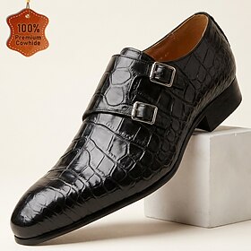Men's Genuine Leather Black Croc Pattern Double Monk Strap Dress Shoes, Pointed Toe Luxury Style for Weddings, Parties and Formal Events