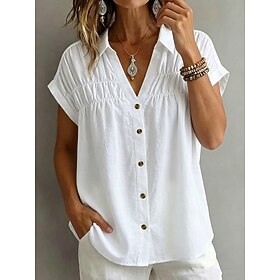 Women's Blouse Ruched Plain Stylish Casual Short Sleeve V Neck Regular Tops Casual Daily White Khaki Black Pink Summer Spring