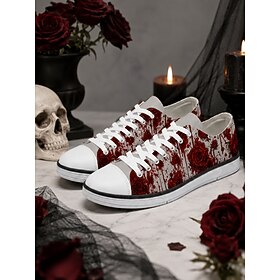 Women's Halloween Canvas Sneakers, Gothic Red Rose Print Lace Up Shoes, Dark Romantic Casual Sneakers for Women Party, Streetwear and Everyday Wear