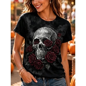 Halloween Women's T Shirt Print Floral Graphic Skull Vintage Stylish Classic Short Sleeve Crew Neck Regular Tops Casual Daily Weekend Black Purple Green Summer