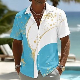 Men's Geometric Abstract Art Shirt Button Up Shirt Short Sleeve Fashion Casual Daily Beach Vacation Wear Summer Spring Turndown 3D Print Linen Like Shirt Blue