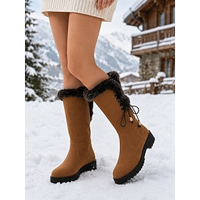 Women's Brown Knee High Winter Boots in Faux Suede with Faux Fur Trim, Side Lace-Up Detail, Low Block Heel and Lug Sole for Casual Cold Weather Outdoor Wear