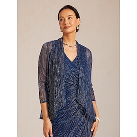 Women's Evening Tops Pleated Layered Metallic Solid Color Stylish Romantic Wedding 3/4 Length Sleeve Evening Party Wedding Guest Business Attire Navy Blue Summ
