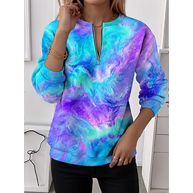 Women's Zip Up Sweatshirts Half Zip Print Graphic Striped Casual Long Sleeve High Neck Half Zip Regular Tops Casual Street Dailywear Blue Spring Fall