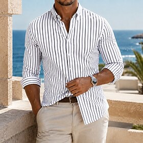 Men's Shirt Dress Shirt Button Down Shirt Striped Casual Daily Blue White Light Blue Black Long Sleeve Turndown All Seasons Clothing Apparel Classic