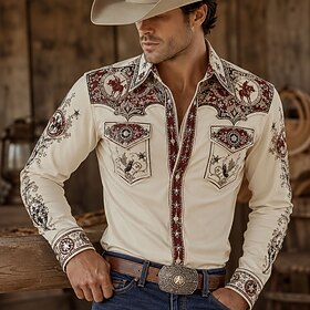 Men's Floral Western Cowboy Shirt Western Shirt Cowboy Shirt Long Sleeve Vintage Western Casual Outdoor Spring Fall Turndown Front Two Pockets Linen Like Shirt