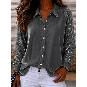 Women's Shirt Velvet Sequins Elegant Long Sleeve Shirt Collar Party Blue White Black Red Grey Fall Winter