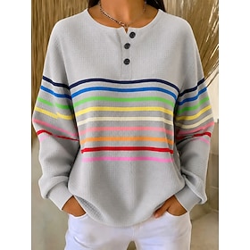 Women's Waffle Graphic Striped Casual Print Long Sleeve Crew Neck Regular Tops Casual Street Holiday Blue Beige Grey Spring Fall