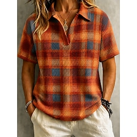 Women's Waffle Knit Tops Print Graphic Plaid Elegant Vintage Stylish Short Sleeve Shirt Collar Regular Tops Casual Daily Blue Brown Summer Spring