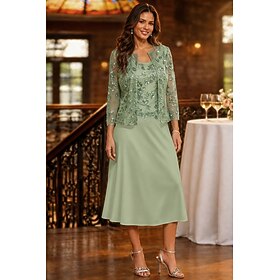 Two Piece A-Line Tea Length Mother of the Bride Dress Long Sleeve Scoop Neck Elegant Simple Floral Formal Wedding Guest Engagement Party Lace Spandex Satin Chi