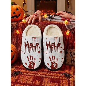 Women's Halloween Horror Slippers, Creepy Bloody Print Plush House Shoes with Soft Faux Fur Lining, Cozy Indoor Bedroom Slippers for Home, Holiday Gift Hallow