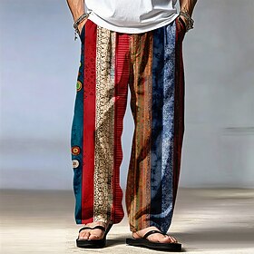 Men's Geometric Patchwork Bohemian Trousers Casual Pants Pants Trousers Mid Waist Ethnic Vintage Retro Home Outdoor Vacation Drawstring Elastic Waist Wide Leg