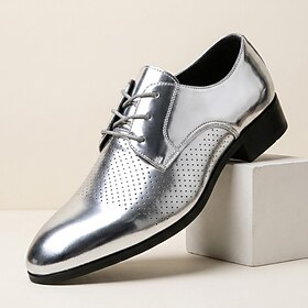 Men's Metallic Silver Lace-Up Dress Shoes, Perforated Pointed Toe Design, Modern Formal Shoes for Parties, Proms, Performances