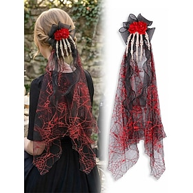 Women's Plastic Gothic Skeleton Hand Rose Bow Hair Clip with Black Red Mesh Veil, Vintage Halloween Hair Accessory for Costume Party, Gothic Events, Cosplay an