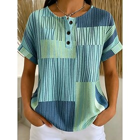 Women's Waffle T Shirt Knit Tops Print Striped Chest Buttons Graphic Geometric Stylish Modern Casual Short Sleeve Henley Long Tops Casual Daily Green Summer Sp