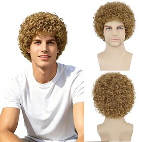 Men's Light Brown Short Tight Curly Afro Wig – 1970s Disco Retro Cosplay Halloween Costume Wig