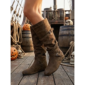Women's Dark Brown Halloween Pirate Boots, Slouch Knee High Riding Boots with Buckle Straps and Low Heel for Cosplay, Costume Party, Renaissance Fair Fall Wea
