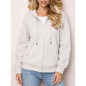 Women's Zip Up Hoodies Drawstring Pocket Plain Streetwear Modern Casual Long Sleeve Hooded Regular Tops Casual Street Navy Black Light Grey Dark Grey Apricot F