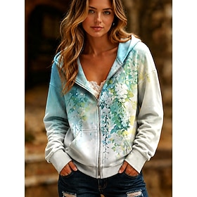 Women's Zip Up Hoodies Zipper Print Floral Graphic Fashion Streetwear Casual Long Sleeve Hooded Regular Tops Casual Dailywear Blue Purple Green Spring Fall Win