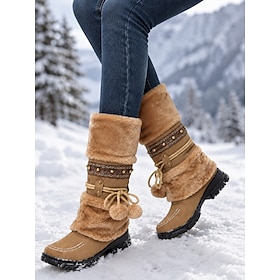 Women's Brown Faux Suede Mid-Calf Winter Boots with Faux Fur Cuff, Pom-Pom Tassels and Embroidered Trim, Flat Warm Boots for Boho Fashion Lovers, Casual Outdoo