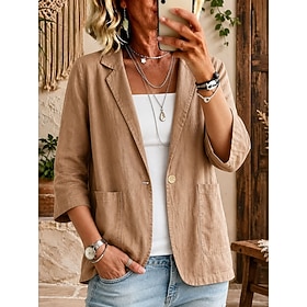 Women's Blazer Pocket Buttons Plain Elegant Business Work 3/4 Sleeve Shirt Collar Regular Tops Streetwear Work White Black Yellow Camel Grey Fall Winter