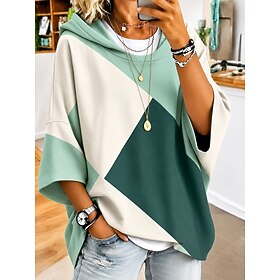 Women's Pullover Hoodie Sweatshirt Patchwork Print Graphic Geometric Color Block Casual 3/4 Length Sleeve Hooded Regular Tops Casual Street Dailywear White Yel