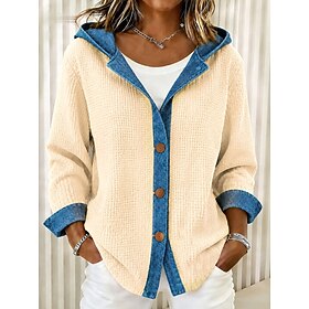 Women's Shirt Waffle Shirt Jeans Shirt Denim Shirt Patchwork Buttons Denim Solid Color Elegant Vacation Casual Long Sleeve Hooded Regular Tops Casual Beige Spr