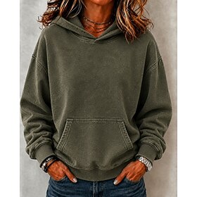 Women's Cotton Pullover Hoodie Sweatshirt Pocket Active Vintage Casual Long Sleeve Crew Neck Hooded Regular Tops Casual Home Black Green Rose Red Gray Fall Win