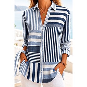 Women's Waffle Shirt Casual Shirt Summer Tops Ombre Floral Graphic Elegant Vintage Stylish Long Sleeve Turndown Long Tops Casual Daily Outdoor Blue Teal Orange