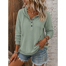 Women's Pullover Hoodie Sweatshirt Patchwork Buttons Front Pocket Plain Fashion Long Sleeve Hooded Regular Tops Casual claret Denim Blue Black Mint Green Sprin