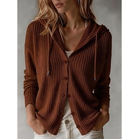 Women's Waffle Shirt Sweater Shrugs Buttons Solid Color Daily Long Sleeve Hooded Regular Tops Casual White Maroon Khaki Green Grey Fall Winter